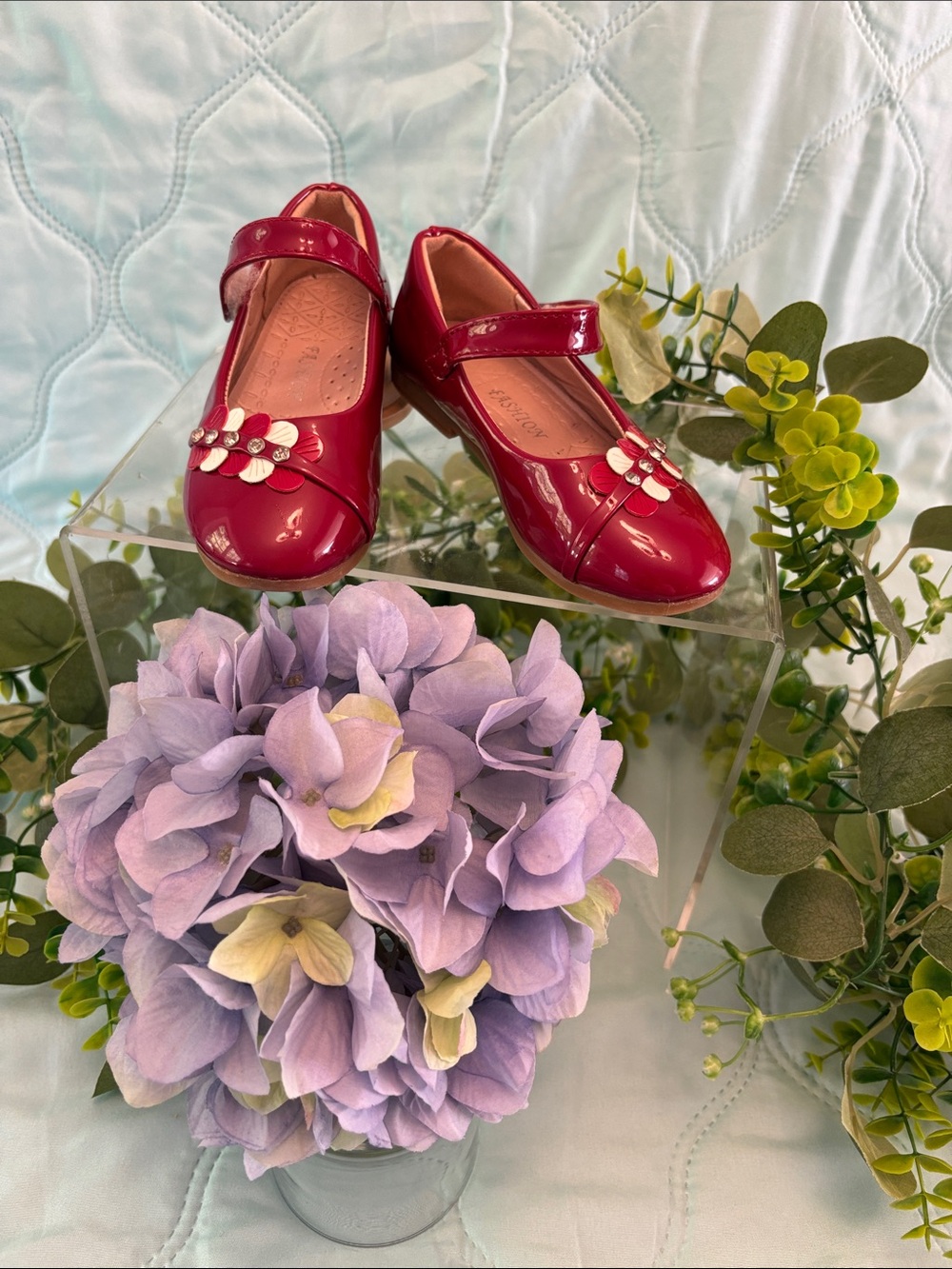 Red Patent Mary Jane Girls' Shoes with row of hearts Accent